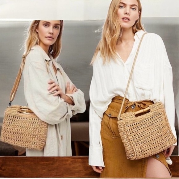 FREE PEOPLE WOVEN PAPER PURSE CROSSBODY BEACH BAMBOO - Picture 1 of 15